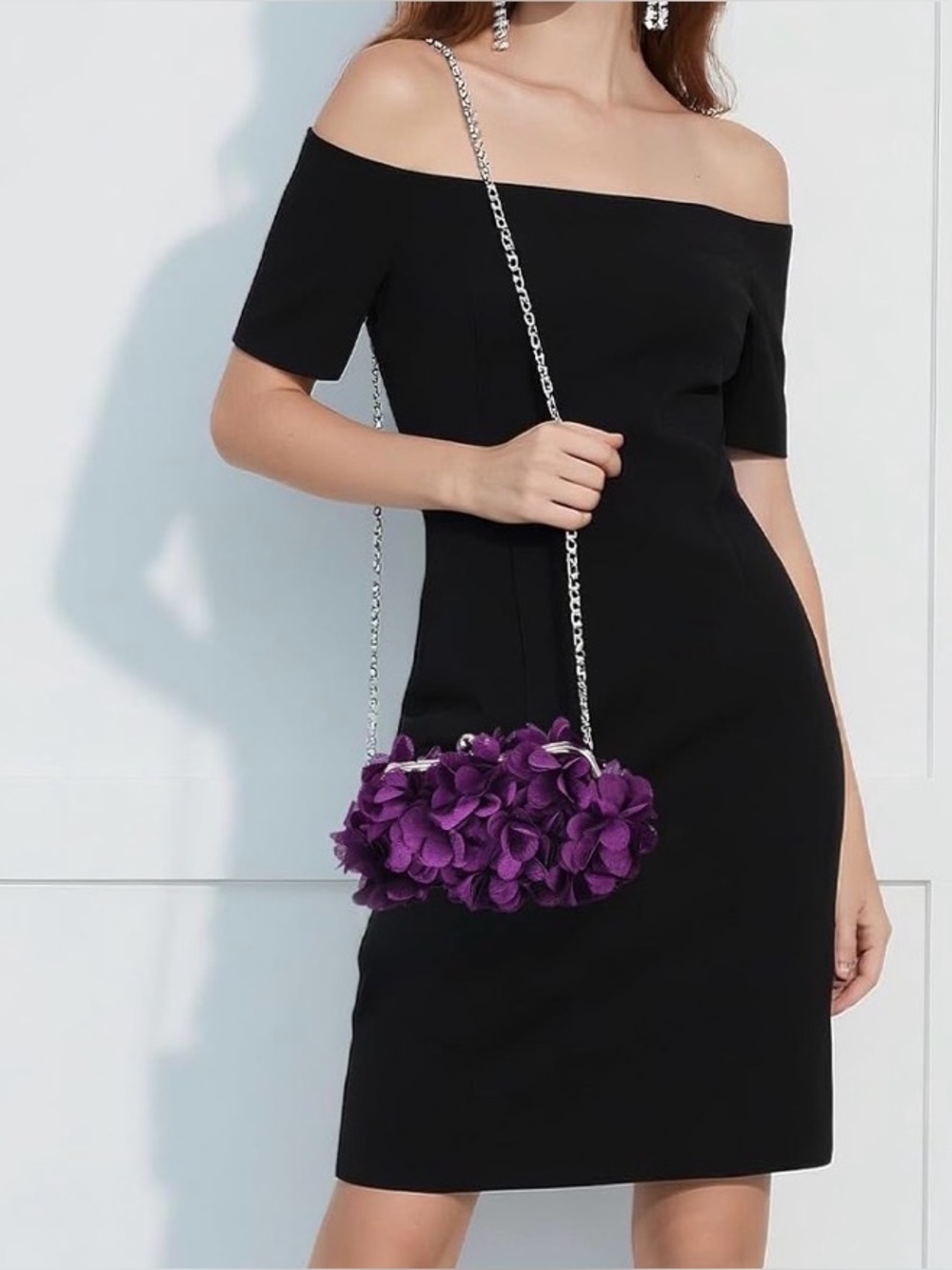 Elegant Purple Floral Appliqué Evening Clutch with Chain Handle - Picture 9 of 13